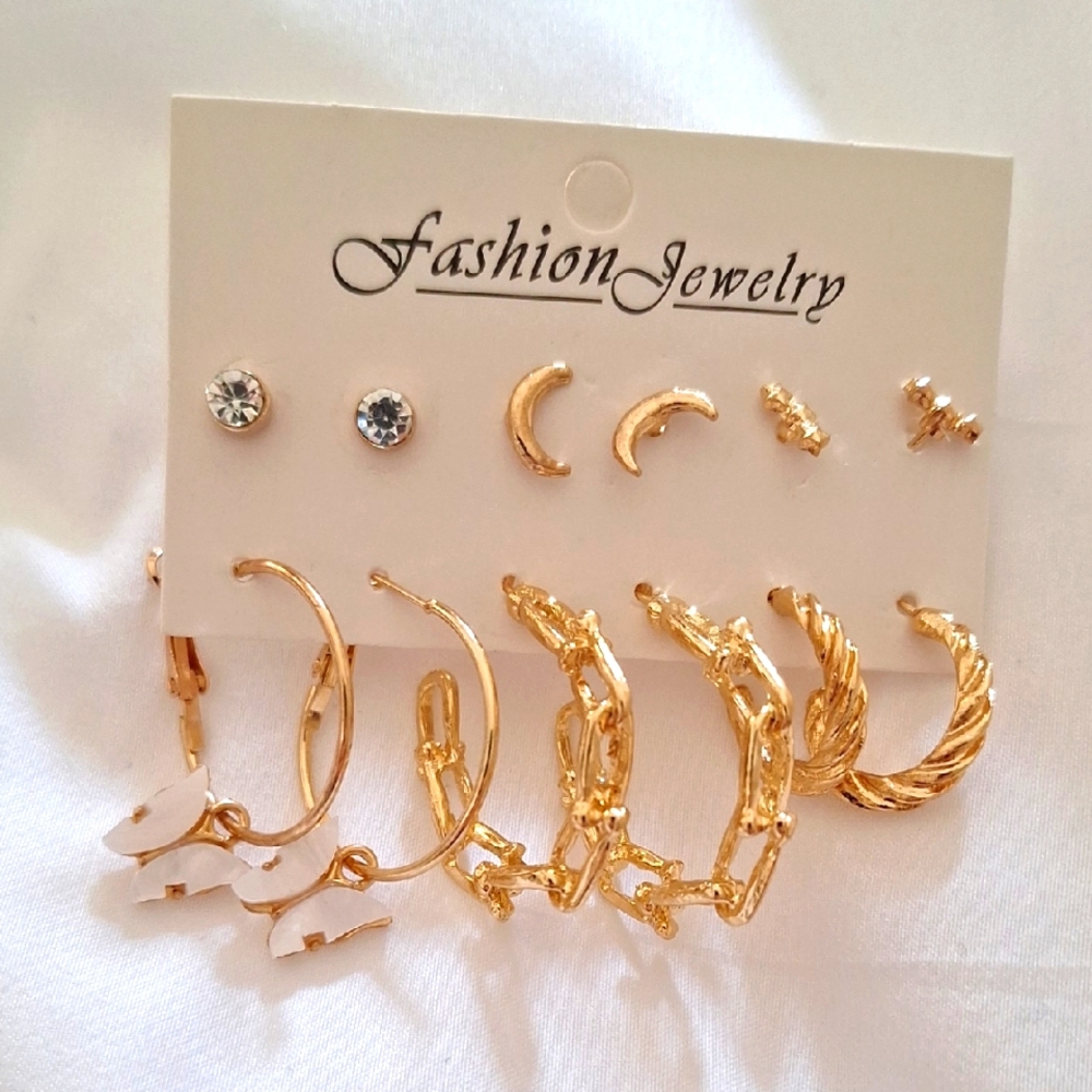 NWT Fashion Jewelry Gold and White Earring Collection, Bundle of 6